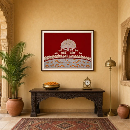 Immerse yourself in the rich tapestry of this crimson Pichwai art piece featuring the revered Tree for Entrance