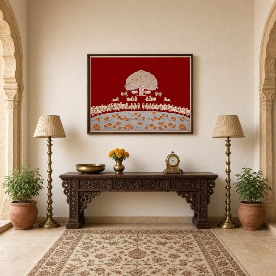 Immerse yourself in the rich tapestry of this crimson Pichwai art piece featuring the revered Tree for Hallway