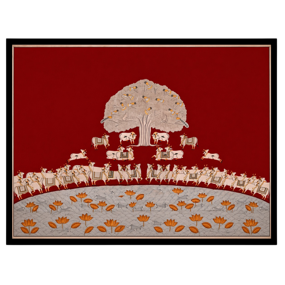 Immerse yourself in the rich tapestry of this crimson Pichwai art piece featuring the revered Tree for kitchen