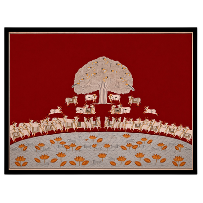 Immerse yourself in the rich tapestry of this crimson Pichwai art piece featuring the revered Tree for kitchen