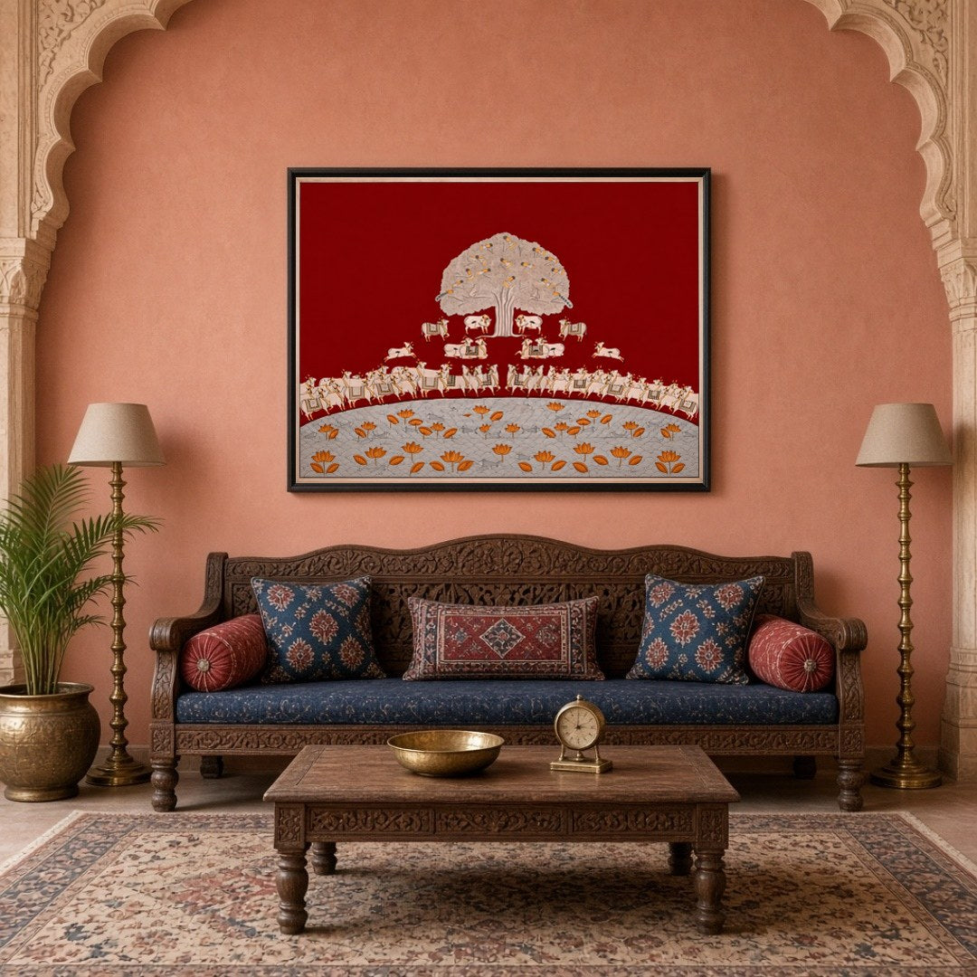 Immerse yourself in the rich tapestry of this crimson Pichwai art piece featuring the revered Tree for Living Room