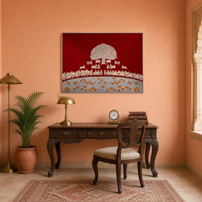Immerse yourself in the rich tapestry of this crimson Pichwai art piece featuring the revered Tree for Study