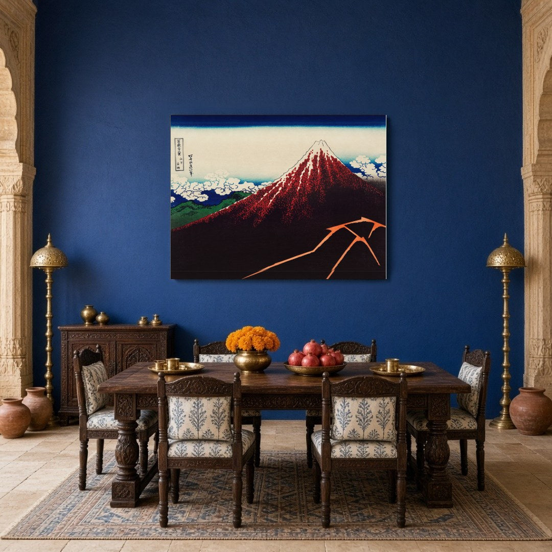 Experience the awe of Mount Fuji's grandeur with this stunning depiction by Katsushika Hokusai. The for Dining
