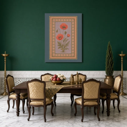Experience the timeless beauty of Indo-Mughal art with this exquisite depiction of crimson poppies for Dining