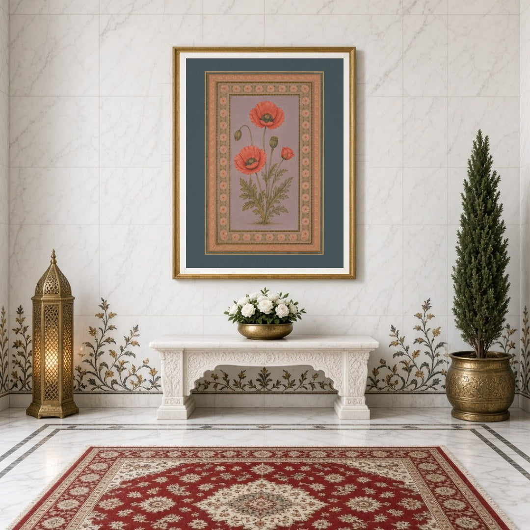 Experience the timeless beauty of Indo-Mughal art with this exquisite depiction of crimson poppies for Entrance