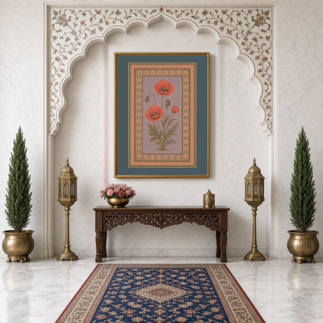 Experience the timeless beauty of Indo-Mughal art with this exquisite depiction of crimson poppies for Hallway