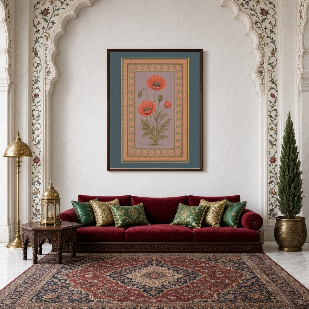 Experience the timeless beauty of Indo-Mughal art with this exquisite depiction of crimson poppies for Living Room