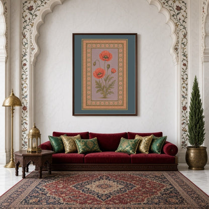 Experience the timeless beauty of Indo-Mughal art with this exquisite depiction of crimson poppies for Living Room