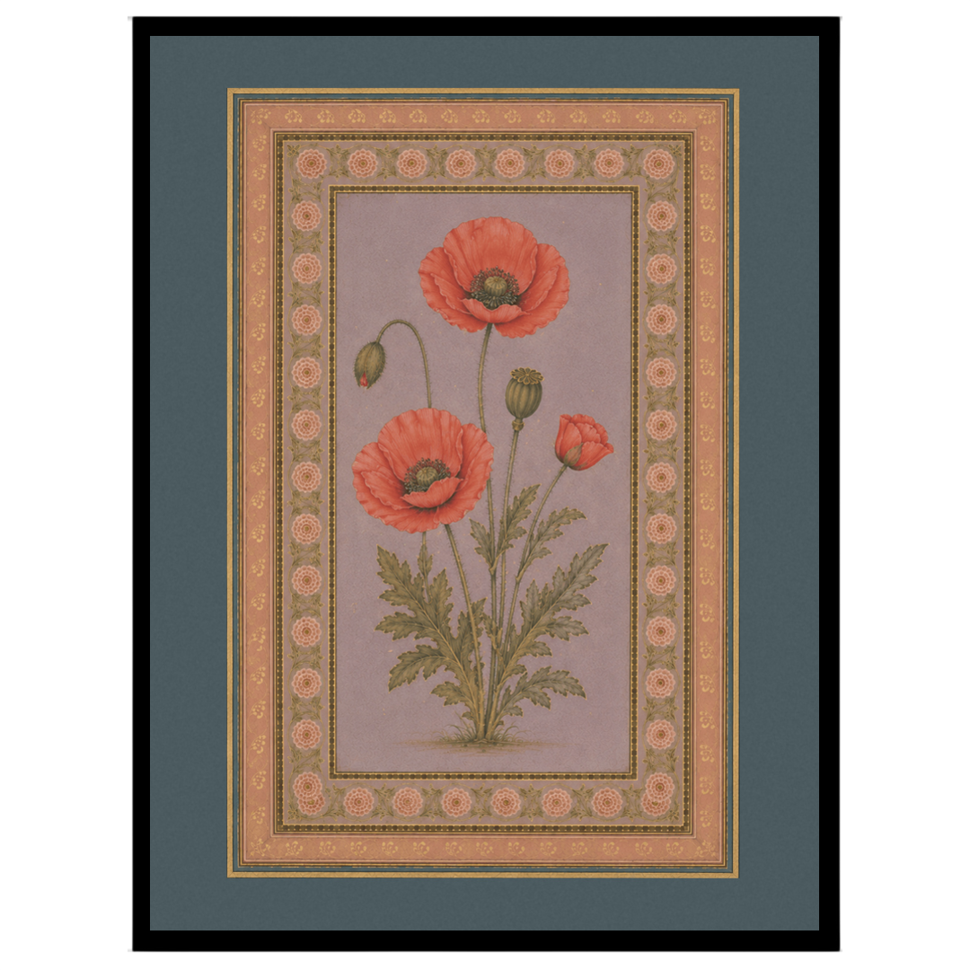 Experience the timeless beauty of Indo-Mughal art with this exquisite depiction of crimson poppies for sanctuary