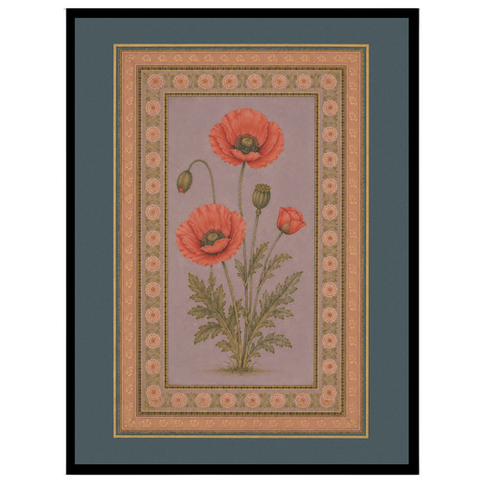 Experience the timeless beauty of Indo-Mughal art with this exquisite depiction of crimson poppies for sanctuary