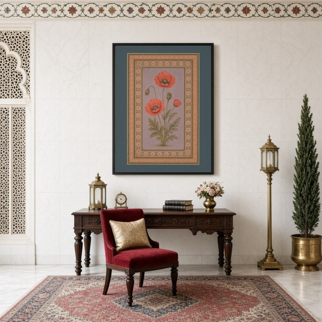 Experience the timeless beauty of Indo-Mughal art with this exquisite depiction of crimson poppies for Study