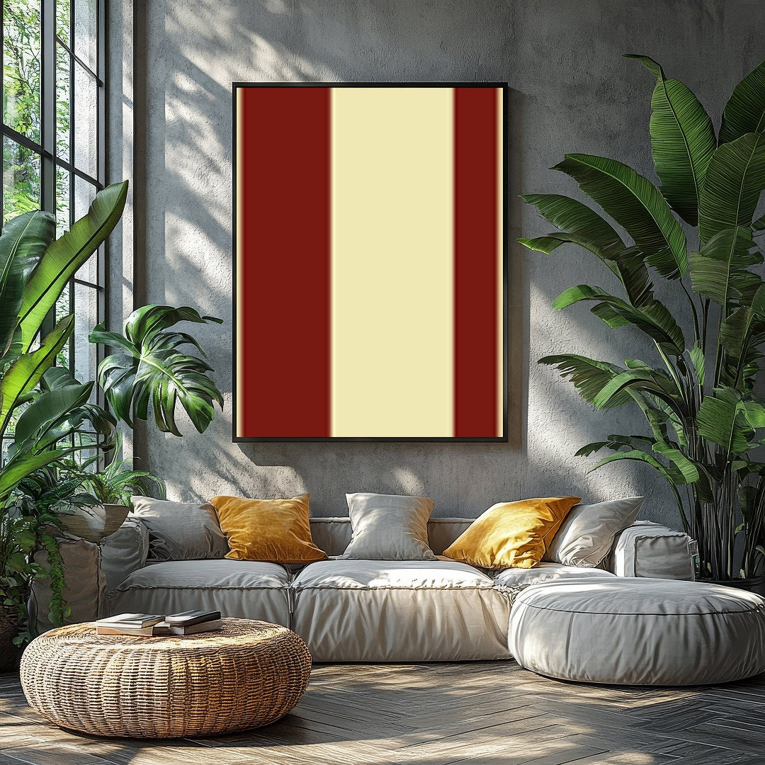 This striking piece of wall art features bold red circles set against a soft beige background, for Balcony