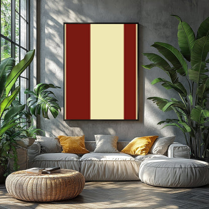 This striking piece of wall art features bold red circles set against a soft beige background, for Balcony