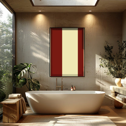 This striking piece of wall art features bold red circles set against a soft beige background, for Bathroom