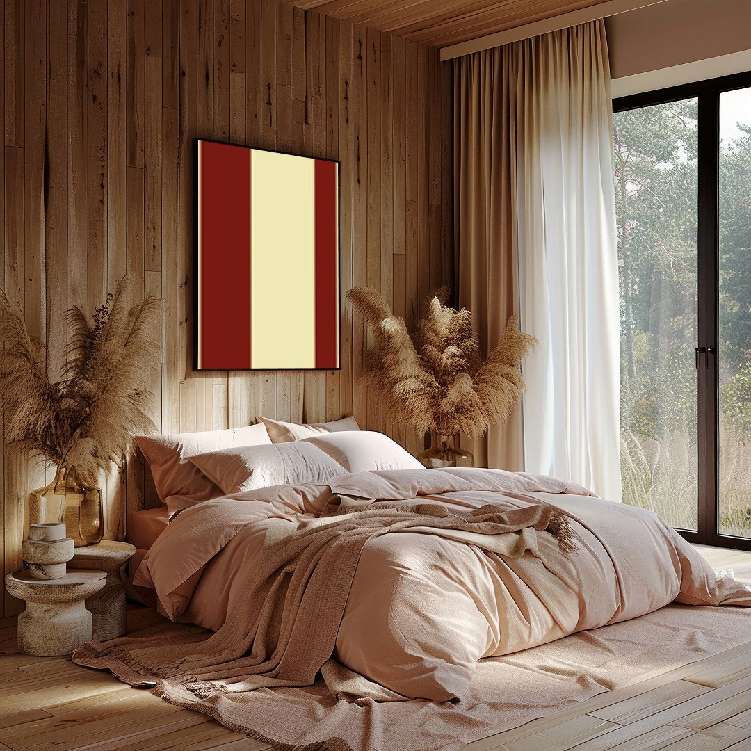 This striking piece of wall art features bold red circles set against a soft beige background, for Bedroom
