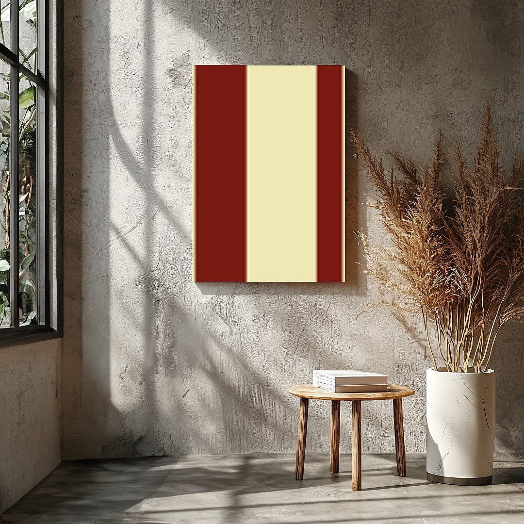This striking piece of wall art features bold red circles set against a soft beige background, for Entrance