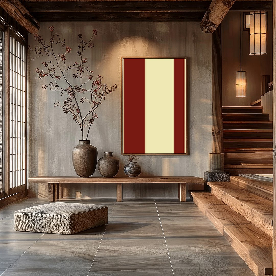 This striking piece of wall art features bold red circles set against a soft beige background, for Hall