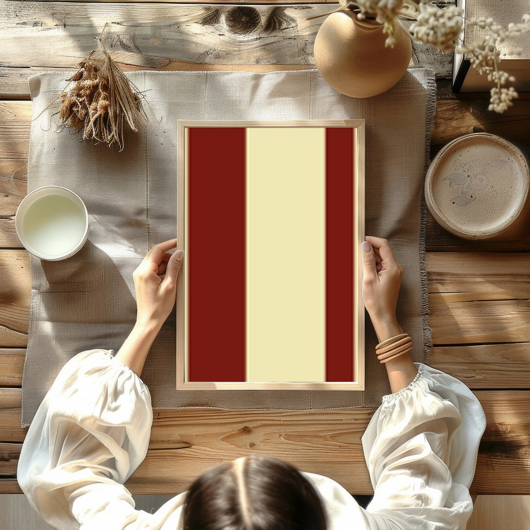 This striking piece of wall art features bold red circles set against a soft beige background, for Kitchen