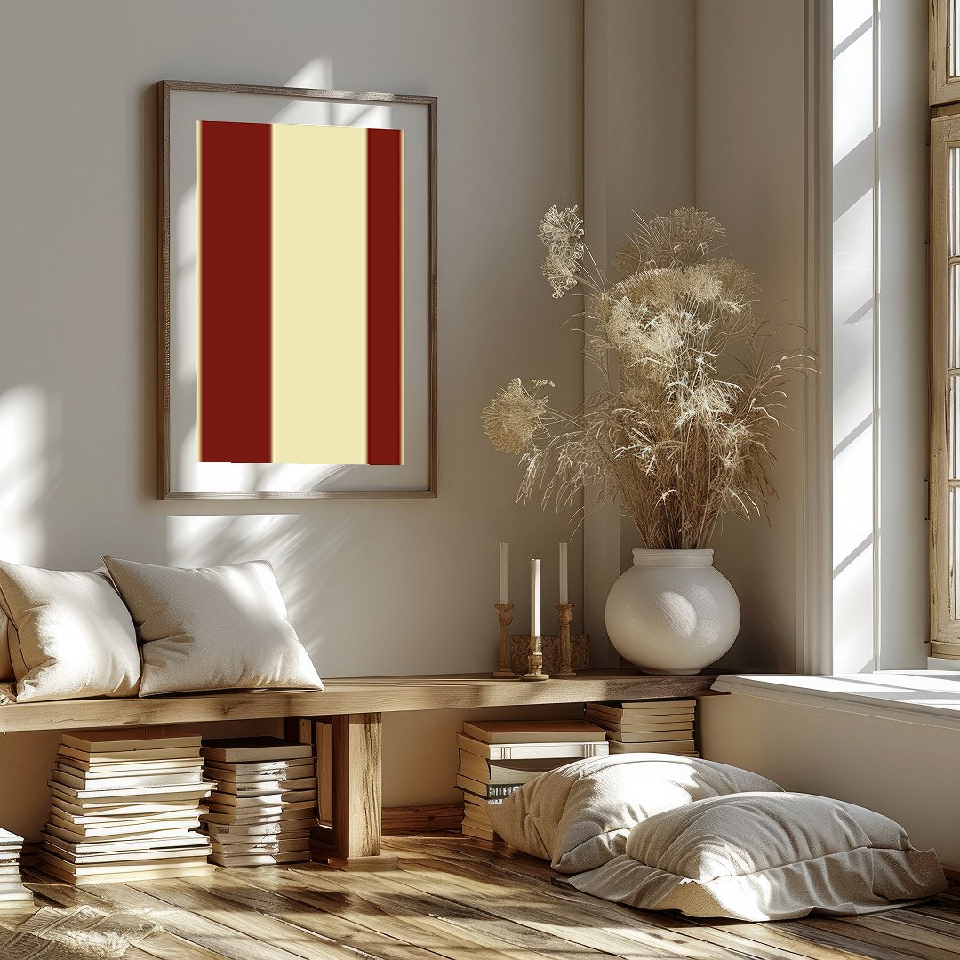 This striking piece of wall art features bold red circles set against a soft beige background, for sanctuary