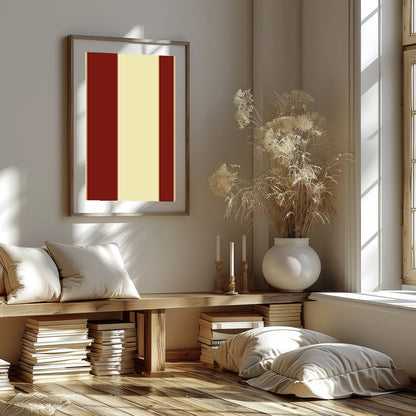 This striking piece of wall art features bold red circles set against a soft beige background, for sanctuary