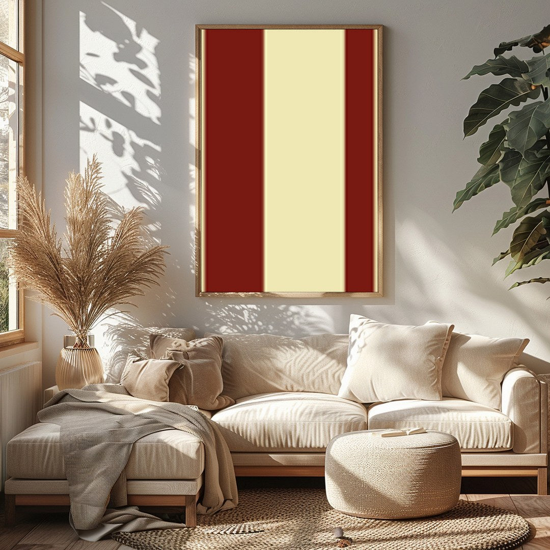 This striking piece of wall art features bold red circles set against a soft beige background, for Sitting Area
