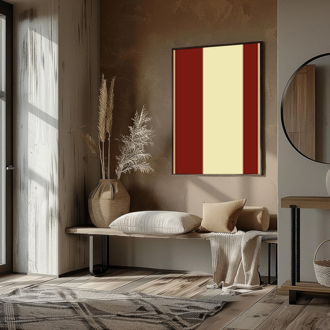 This striking piece of wall art features bold red circles set against a soft beige background, for space