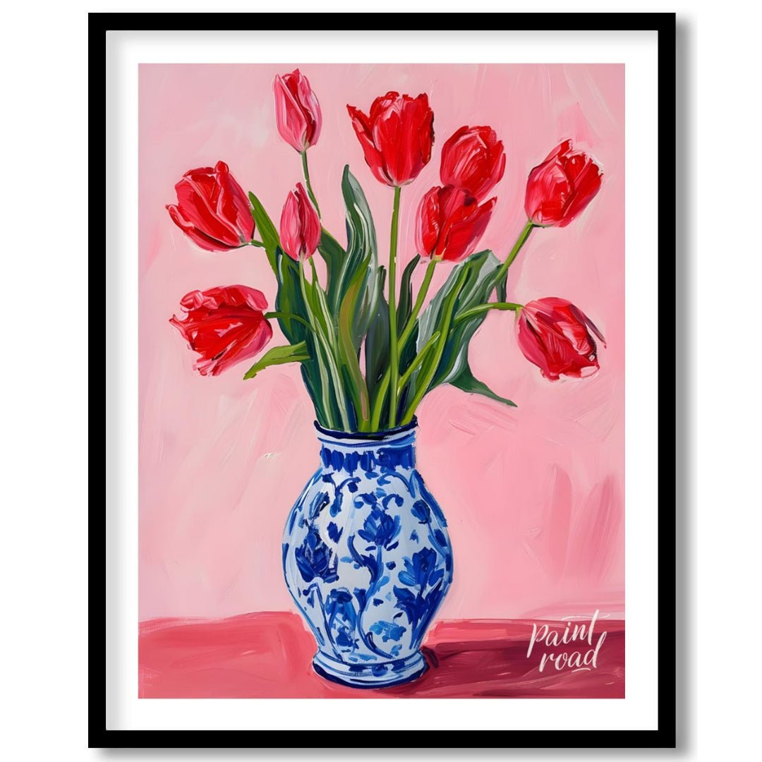 This artwork features a vibrant bouquet of red tulips arranged in a classic blue and white patterne… for area
