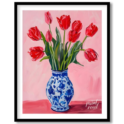 This artwork features a vibrant bouquet of red tulips arranged in a classic blue and white patterne… for area