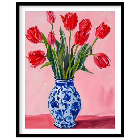 This artwork features a vibrant bouquet of red tulips arranged in a classic blue and white patterne… for area
