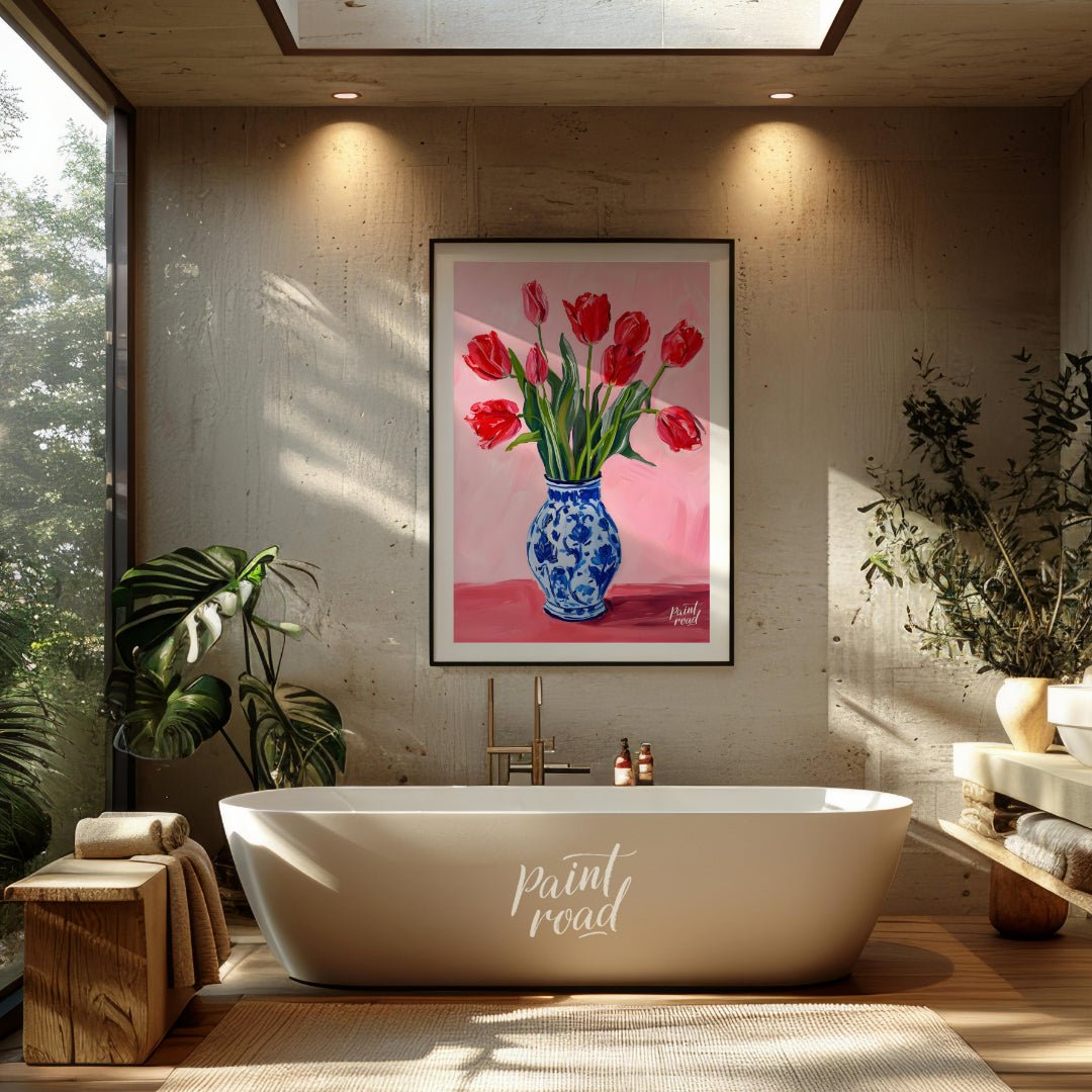 This artwork features a vibrant bouquet of red tulips arranged in a classic blue and white patterne… for bathroom