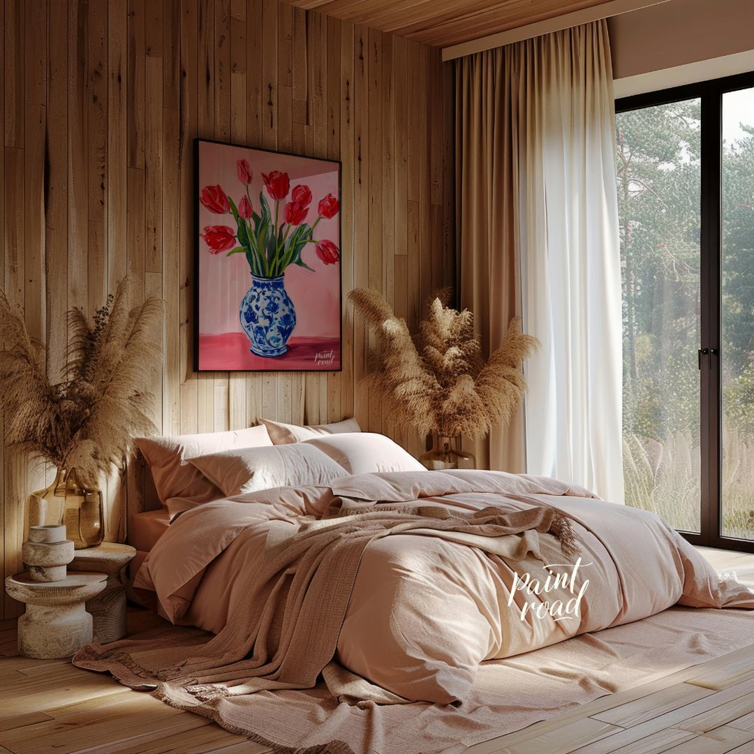 This artwork features a vibrant bouquet of red tulips arranged in a classic blue and white patterne… for bedroom