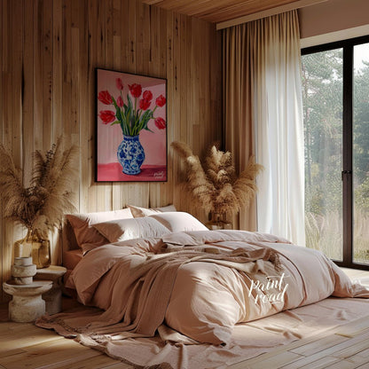 This artwork features a vibrant bouquet of red tulips arranged in a classic blue and white patterne… for bedroom