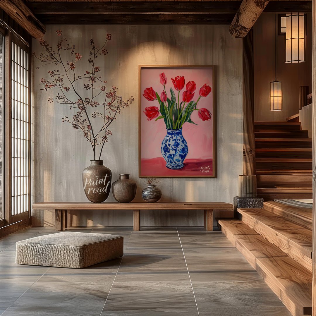 This artwork features a vibrant bouquet of red tulips arranged in a classic blue and white patterne… for entryway