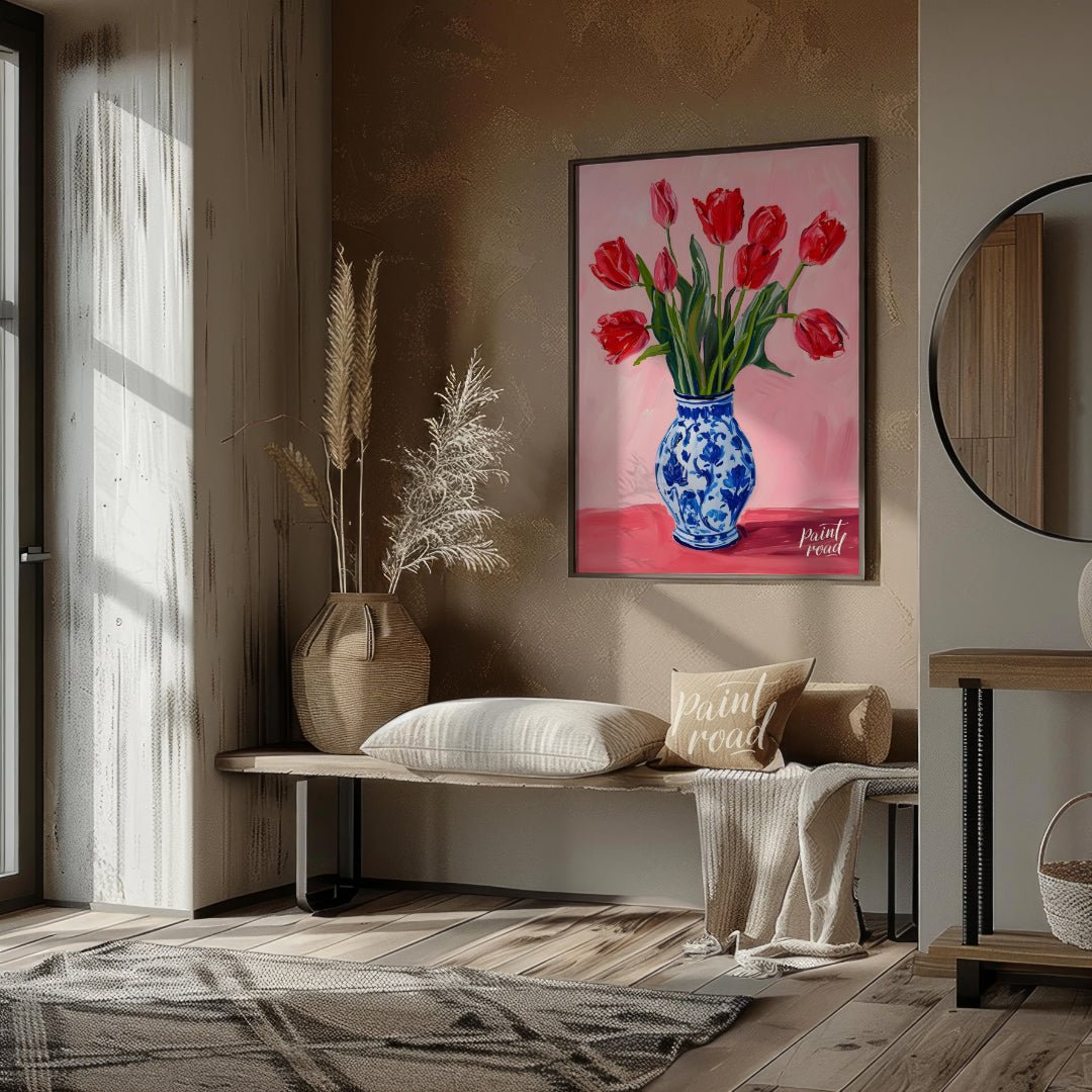 This artwork features a vibrant bouquet of red tulips arranged in a classic blue and white patterne… for entryway