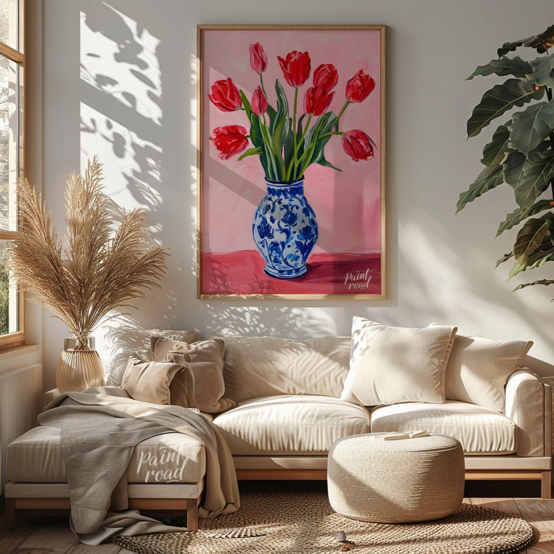 This artwork features a vibrant bouquet of red tulips arranged in a classic blue and white patterne… for living room