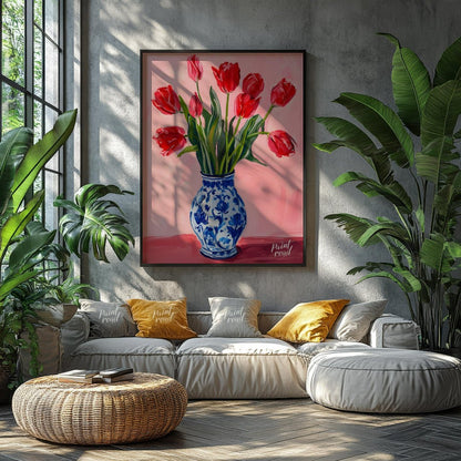 This artwork features a vibrant bouquet of red tulips arranged in a classic blue and white patterne… for living room