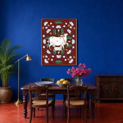 This captivating Pichwai artwork features the majestic Kamdhenu alongside her calf, set against a for Dining