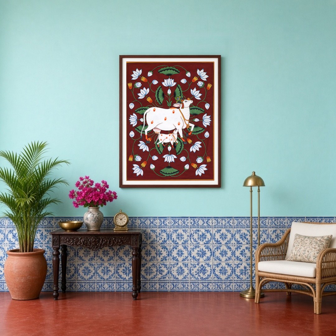 This captivating Pichwai artwork features the majestic Kamdhenu alongside her calf, set against a for Entrance