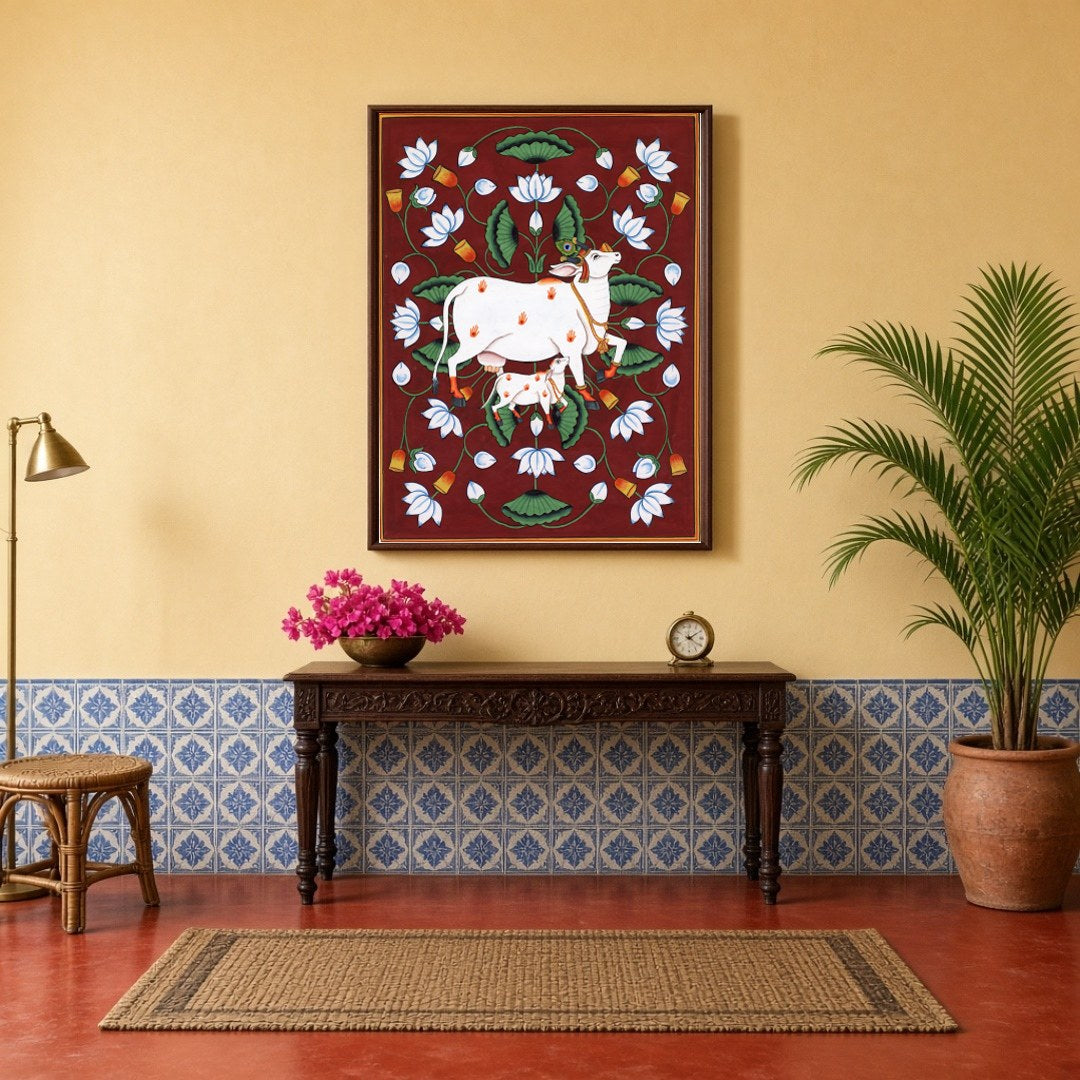 This captivating Pichwai artwork features the majestic Kamdhenu alongside her calf, set against a for Hallway