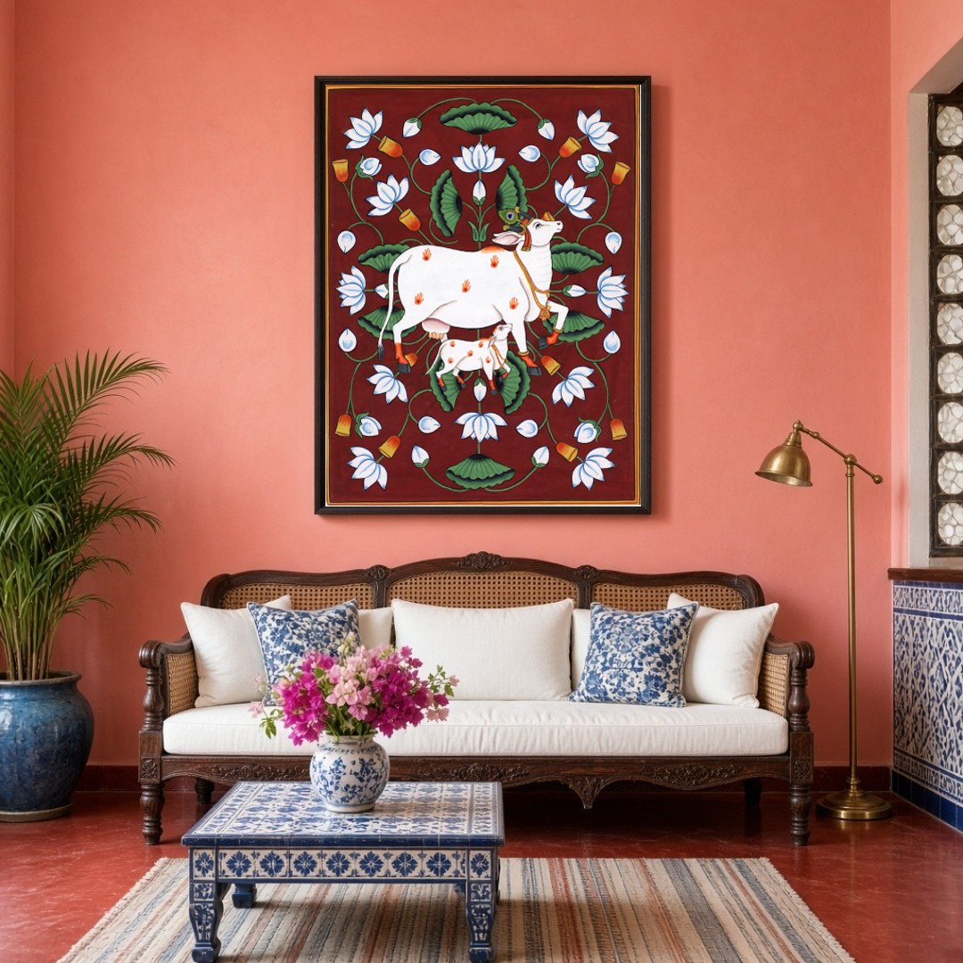 This captivating Pichwai artwork features the majestic Kamdhenu alongside her calf, set against a for Living Room