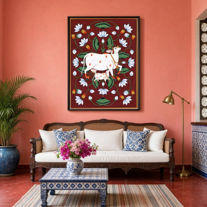 This captivating Pichwai artwork features the majestic Kamdhenu alongside her calf, set against a for Living Room