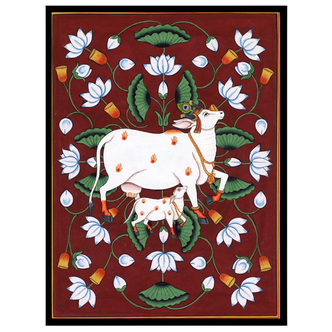 This captivating Pichwai artwork features the majestic Kamdhenu alongside her calf, set against a for living-space