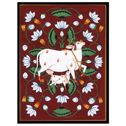 This captivating Pichwai artwork features the majestic Kamdhenu alongside her calf, set against a for living-space