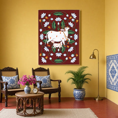 This captivating Pichwai artwork features the majestic Kamdhenu alongside her calf, set against a for Sitting Area