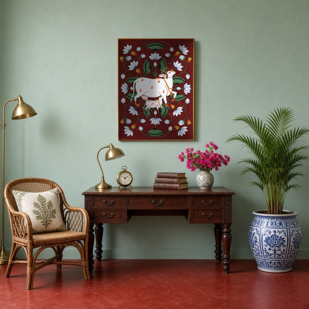 This captivating Pichwai artwork features the majestic Kamdhenu alongside her calf, set against a for Study