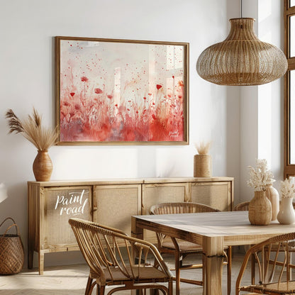 This delicate digital watercolor painting captures a serene meadow of crimson wildflowers against a… for dining room