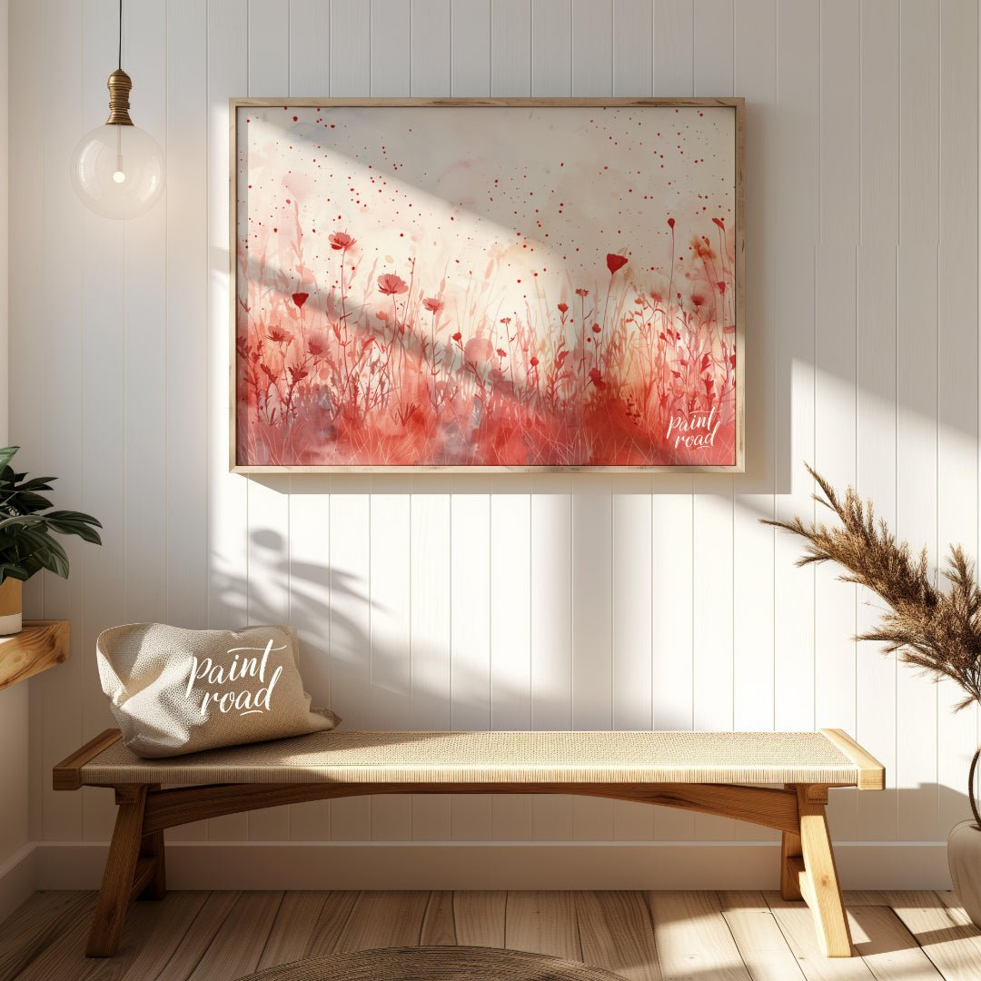 This delicate digital watercolor painting captures a serene meadow of crimson wildflowers against a… for entryway