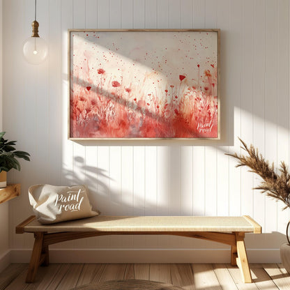 This delicate digital watercolor painting captures a serene meadow of crimson wildflowers against a… for entryway