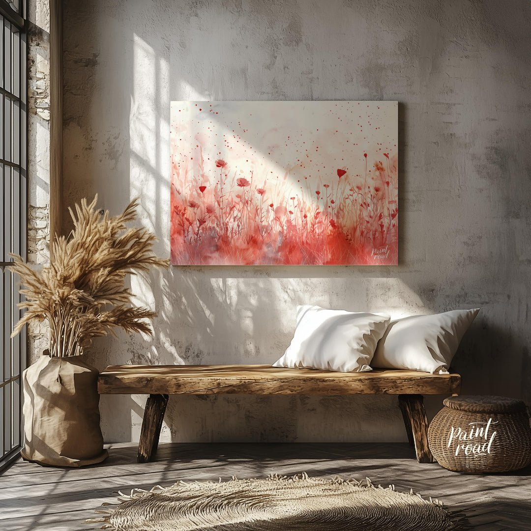 This delicate digital watercolor painting captures a serene meadow of crimson wildflowers against a… for entryway