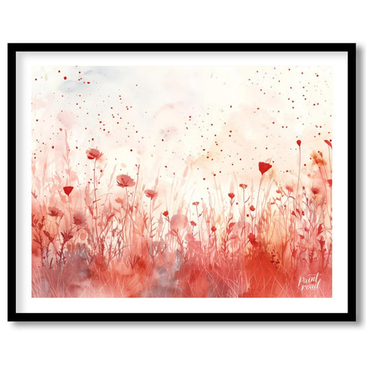 This delicate digital watercolor painting captures a serene meadow of crimson wildflowers against a… for home